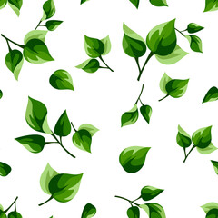 Seamless pattern with green leaves on a white background. Vector floral background
