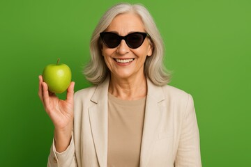 Stylish senior woman in contemporary fashion holding fresh green apple showcasing healthy aging and active lifestyle for mature demographic marketing