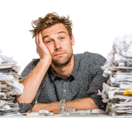 Stress management for frustrated workers surrounded by paperwork isolated on transparent background