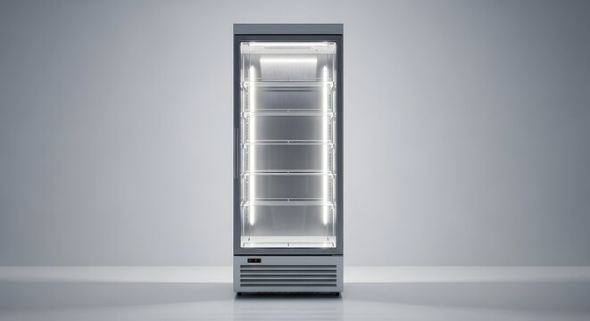 A gray commercial refrigerator with glass door and empty shelves in a minimalist setting studio shot