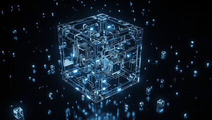 Abstract digital cube with intricate internal structure, floating in a dark space.