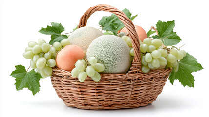 Fresh fruits in wicker basket including melons grapes and peaches with green leaves on white background vibrant and healthy perfect for summer or harvest themes
