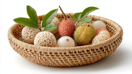Fresh tropical fruits including lychee, durian, rambutan, and longan with green leaves in woven basket, showcasing vibrant colors and textures, perfect for healthy eating or tropical themes