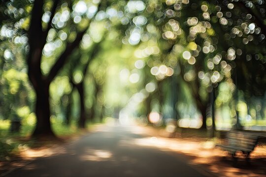 Sunlit park path, blurred greenery