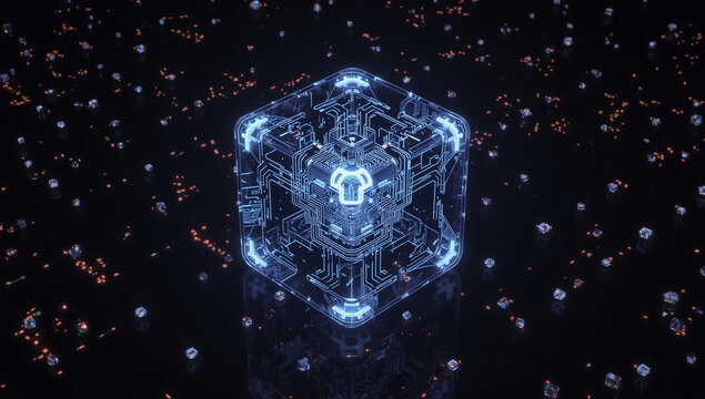 Abstract digital cube with glowing blue lines and complex structure.