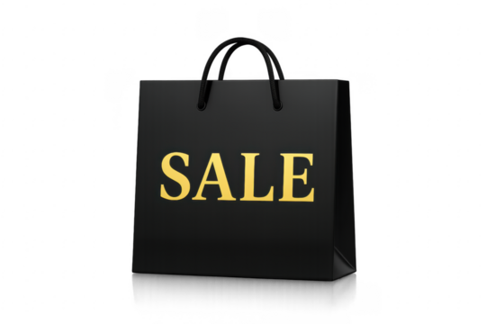 Black Shopping Bag with Golden Sale Sign on Transparent Background