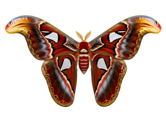 A stunning close-up of a magnificent atlas moth, showcasing intricate patterns and vibrant colors against a dark background.