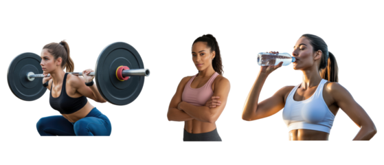 Three women in athletic wear engaged in fitness activities in a isolated on white transparent background png jpg business people clipping path cutout 2025 2026 4k full hd poster banner label download