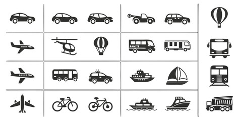 Collection of diverse transportation and vehicle icons in a grid layout airplane helicopter