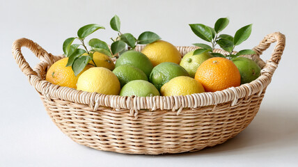 Basket filled with fresh citrus fruits including lemons, limes, and oranges, with green leaves, on white surface and background, evoking freshness and natural beauty