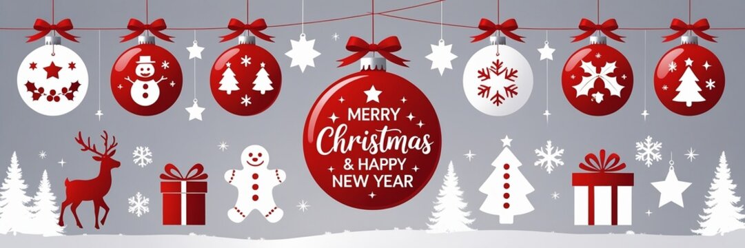 Merry Christmas Baubles with Snowman, Deer, Gifts, and Holiday Icons on Festive Gray Winter Background – AI-Generated - Powered by Adobe