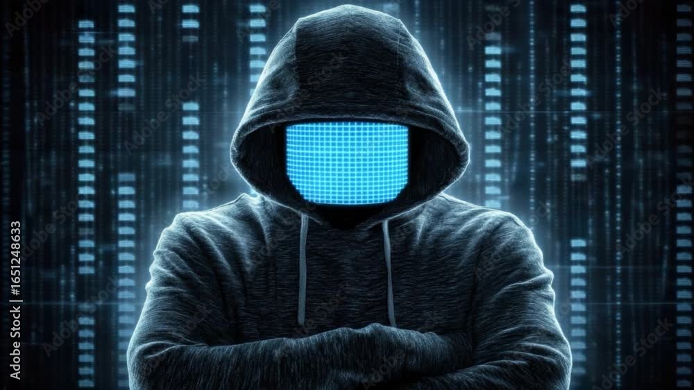 Poster hooded figure with digital face display against a futuristic binary background in dark environment 4