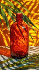 Amber glass bottle, tropical sun