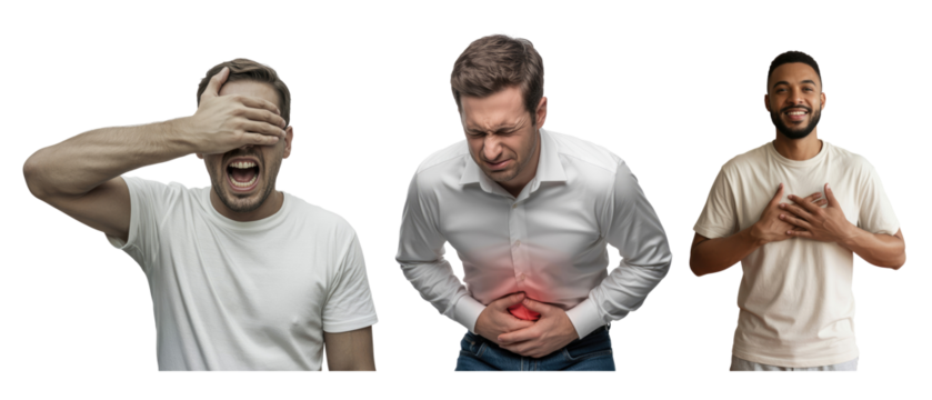 Three men showing different emotions and physical states one isolated on white transparent background png jpg business people clipping path cutout 2025 2026 4k full hd poster banner label set download