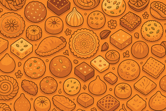 Diwali sweets display | traditional indian desserts pattern | festive treats background vector