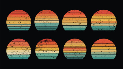 Retro vintage color background illustrations Shape 9 piece set. Vintage sunset collection in 70s 80s style. Regular and distressed retro sunset set with textured versions