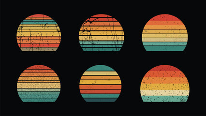 Retro vintage color background illustrations Shape 6 piece set. Vintage sunset collection in 70s 80s style. Regular and distressed retro sunset set with textured versions