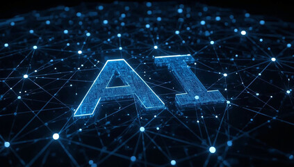 AI concept with network connections and glowing text on a dark blue background.