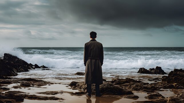 A man in his 30s stands on a rocky shoreline under overcast skies - Powered by Adobe