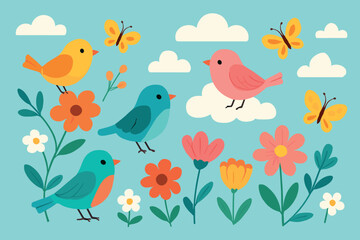 Naklejka premium Vector illustration of colorful birds and butterflies in a whimsical nature scene
