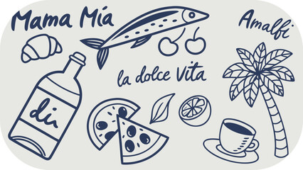 Italian Amalfi Coast Doodle Elements With Text Mama Mia La Dolce Vita Amalfi vector illustration