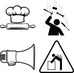 Black and white vector icon set including chef hat with rolling pin, megaphone, falling tools hazard, and lifting caution sign. Perfect for signage, posters, web, and print designs.