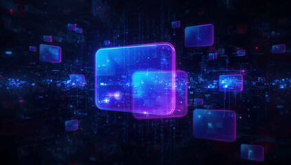 Abstract digital technology background with glowing geometric shapes and data streams.