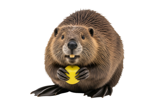 Close-up of a beaver, appearing friendly and content, holding a bright yellow sphere.