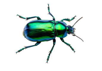 A vibrant, iridescent green beetle, meticulously detailed against a stark black backdrop, showcases the stunning metallic sheen and intricate textures of its exoskeleton.