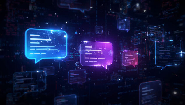 Digital communication network with floating chat bubbles in a futuristic cyberspace.
