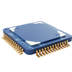 3D Render of Blue and Gold Computer Chip on Transparent Background
