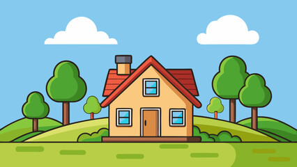 Cartoon house surrounded by green trees and rolling hills
