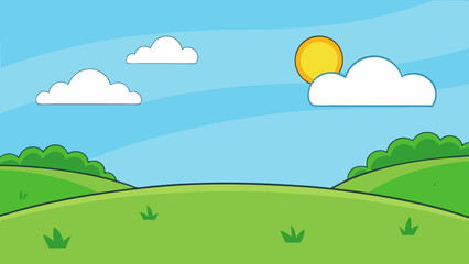 Obraz premium Green hills blue sky cartoon flat design background