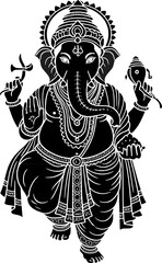 Black and white vector illustration of Lord Ganesha in standing pose holding traditional symbols, perfect for Ganesh Chaturthi posters