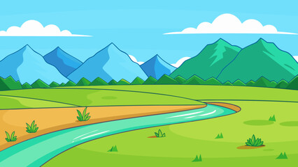 Blue mountains green fields river sky clouds landscape