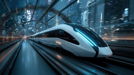 Fototapeta premium Maglev superconducting track piercing future city: Streamlined vehicles racing through neon tunnels with real-time energy flow and carbon reduction data displays