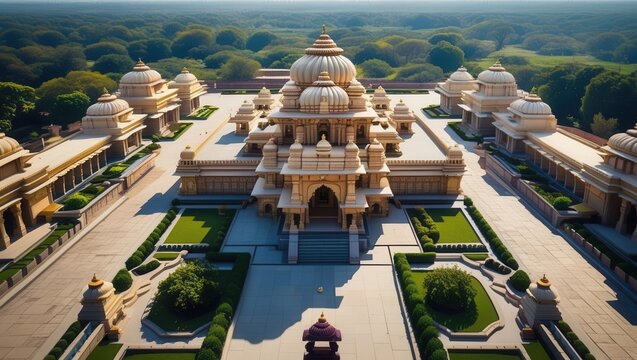 Majestic ram mandir architecture ayodhya temple insight serene environment aerial view cultural heritage
