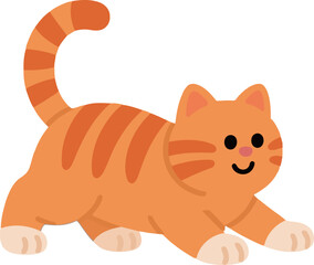 A cute and simple cartoon illustration of an adorable ginger cat with orange stripes, playfully crouching and with a happy expression on its face.