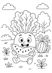 coloring book lettuce eating watermelon outdoors.