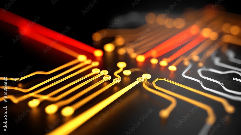 Poster an abstract representation of interconnected circuitry glows with vibrant orange and red hues agains
