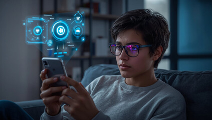 Woman using smartphone with futuristic augmented reality interface and digital icons.