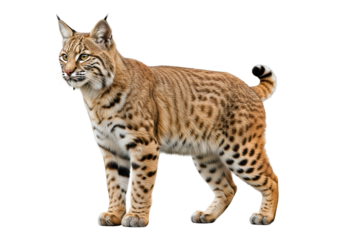 A magnificent bobcat stands poised against a stark black background, showcasing its intricate coat patterns and alert posture.