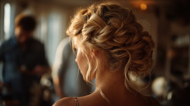 Blonde woman's hair styled in an elegant updo with braids. Great for wedding, beauty salon and fashion related content.