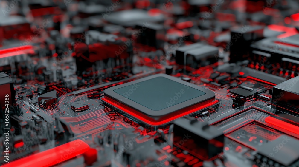Fototapete a detailed, abstract rendering showcases a central processor unit amidst a complex network of circui