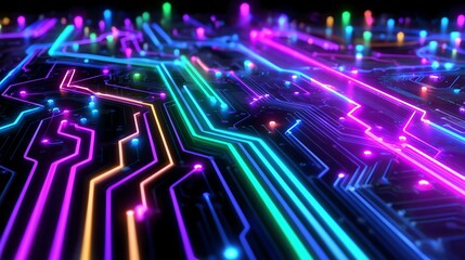 A vibrant, abstract network of glowing lines and nodes against a dark background evokes the complex interconnectedness of digital systems and data flow, creating a futuristic aesthetic.