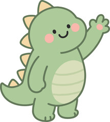 A cute cartoon illustration of a friendly green dinosaur with a chubby body and spikes, waving hello with a happy smile.