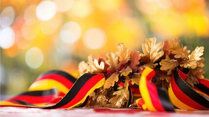 German Unity Day golden oak wreath with black red gold ribbons, candlelight and autumn foliage creating warm cultural symbolism