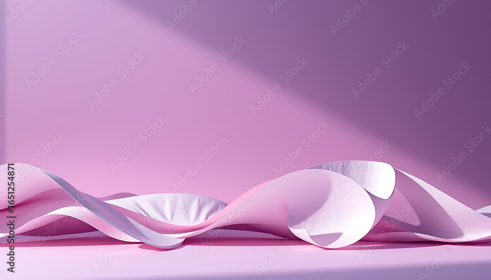 Poster soft pink backdrop with flowing paper and gentle shadows creating a serene and elegant scene