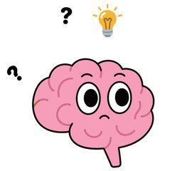 Brain Cartoon Character with Question Marks and a Light Bulb Idea Above Its Head