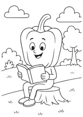coloring book paprika reading a book on a tree stump.